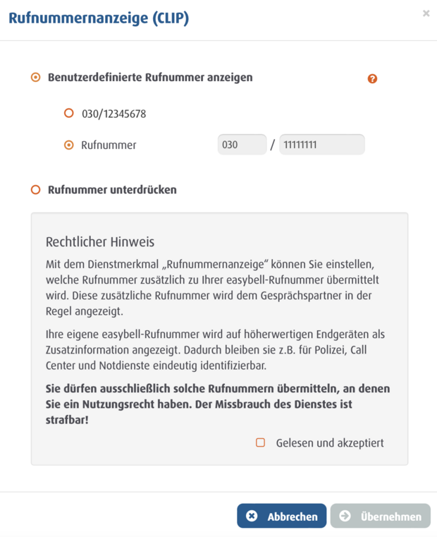 Easybell Einstellungsseite zur Rufnummernanzeige mit benutzerdefinierter Nummer und rechtlichem Hinweis