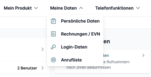 Dropdown-Menü „Meine Daten“ im Easybell-Kundenportal mit Auswahloptionen