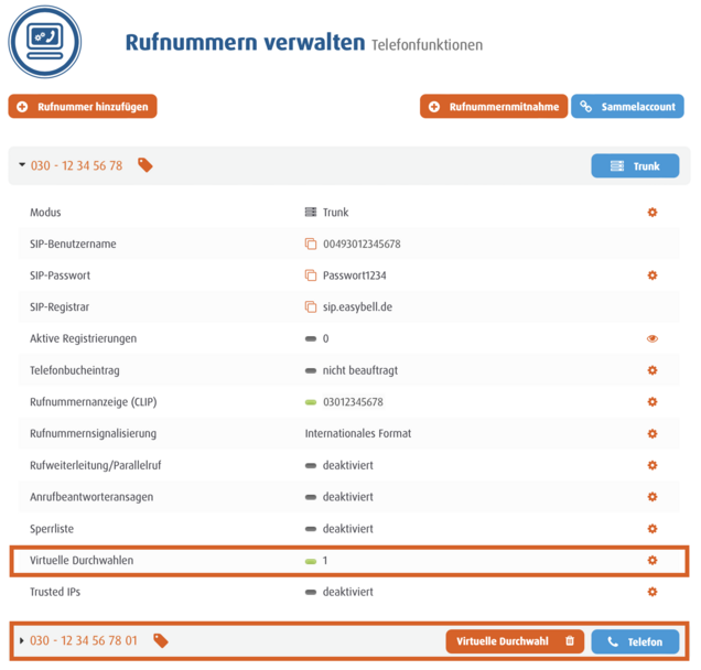 Benutzeroberfläche im Easybell Kundenportal mit aktivierter virtueller Durchwahl für eine verwaltete Rufnummer