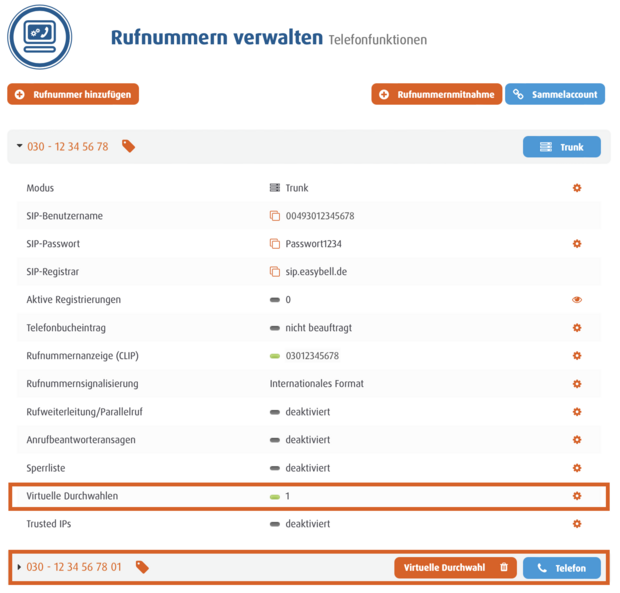 Benutzeroberfläche im Easybell Kundenportal mit aktivierter virtueller Durchwahl für eine verwaltete Rufnummer