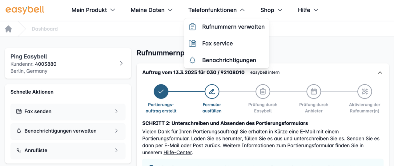 Dropdown-Menü „Telefonfunktionen“ mit Optionen „Rufnummern verwalten“, „Fax Service“ und „Benachrichtigungen“