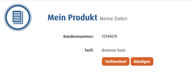 Oberfläche mit Kundennummer, aktivem Tarif Business basic und Optionen für Tarifwechsel oder Kündigung