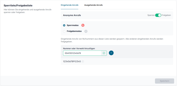 Easybell-Oberfläche zur Verwaltung von Sperrliste und Freigabeliste für eingehende Anrufe mit aktivem Freigabemodus und erlaubten Rufnummern