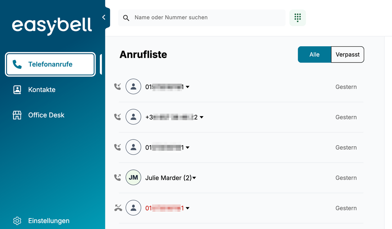 ConnectMe Oberfläche mit Suchleiste zur Direkteingabe von Nummern in der Anrufliste 