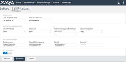SIP-Leitung bearbeiten Screenshot der SIP-Leitung-Einstellungen