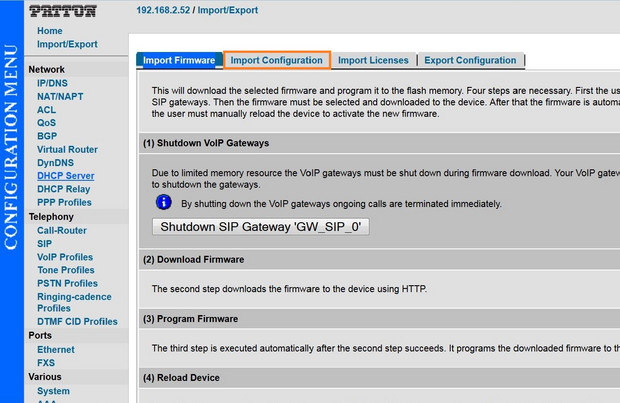 Patton Screenshot 2 Importmenü zur Konfiguration mit vier Schritten zur Firmware-Aktualisierung und VoIP-Abschaltung
