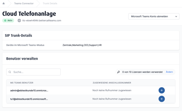 Teams Connector: Trunk-Details einer Cloud Telefonanlage mit SIP Trunk-Status und Benutzerverwaltung