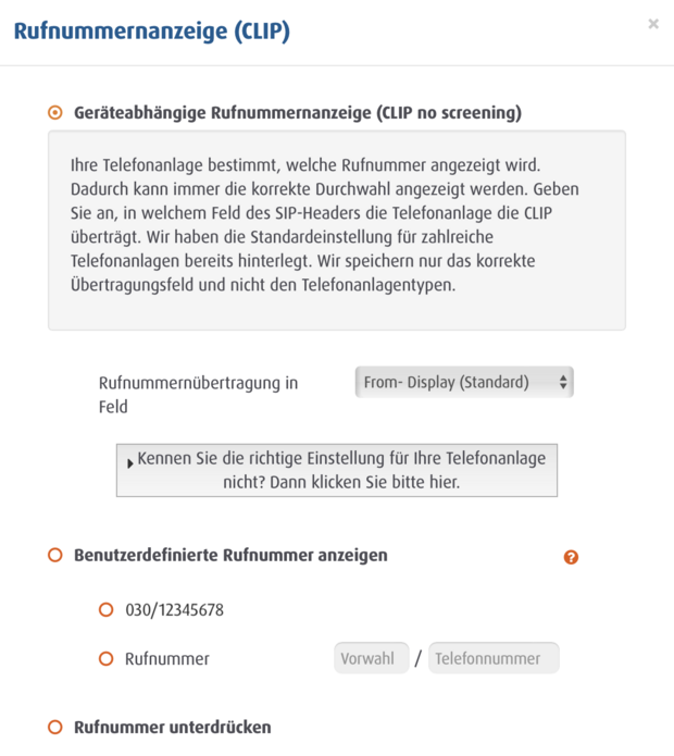 Einstellungsseite im Easybell Kundenportal mit Optionen zur Rufnummernanzeige, benutzerdefinierter Anzeige und Unterdrückung