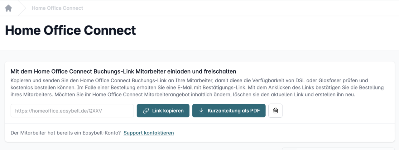 Oberfläche zur Verwaltung eines Home Office Connect-Buchungslinks mit Anleitung und Optionen zur Weitergabe