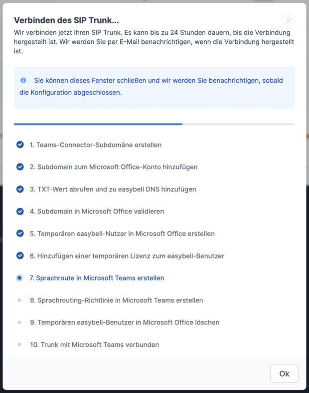 Teams Connector Fortschritt der Verbindung Fortschrittsanzeige beim Verbindungsaufbau eines SIP Trunks im Teams Connector mit 10 Schritten