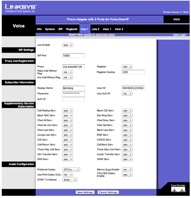 Line-1-Einstellungen mit Easybell-SIP-Server, Benutzername, Passwort und G711u als bevorzugtem Codec