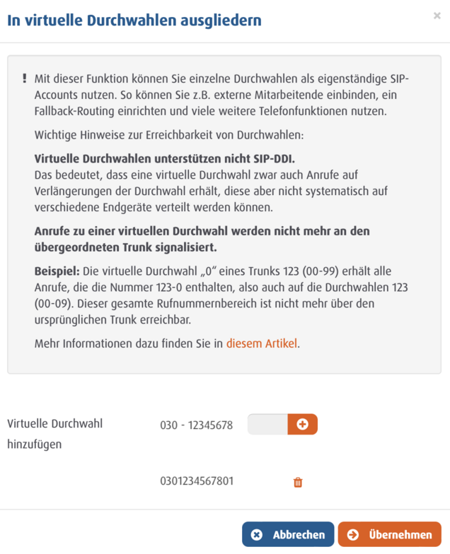 Benutzeroberfläche im Easybell Kundenportal zur Ausgliederung von Rufnummern in virtuelle Durchwahlen mit Hinweisen zur Erreichbarkeit