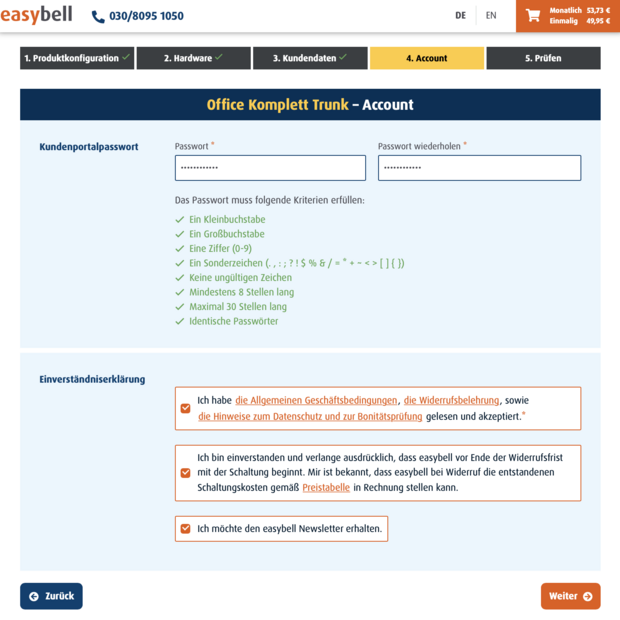 Schritt 4: Account einrichten (full) Account-Einrichtungsseite für Easybell Office Komplett Trunk mit Passwortfeldern und Einverständniserklärungen