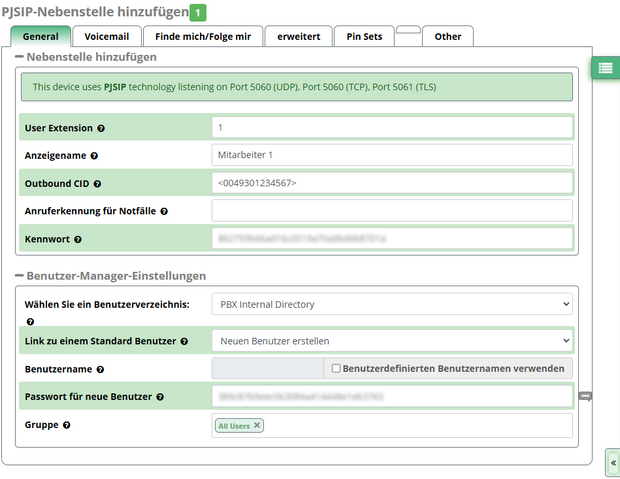 Nebenstelle anlegen Screenshot: Nebenstelle anlegen