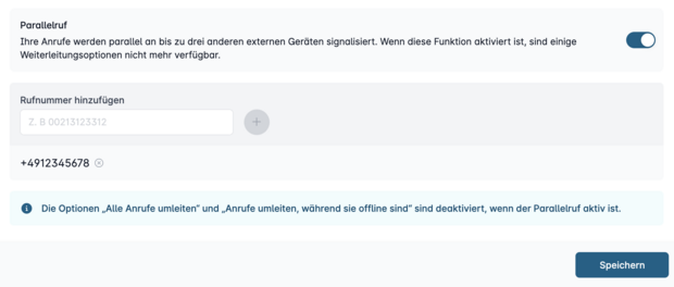 Einstellungen für Parallelruf mit aktivierter Funktion und eingetragener Rufnummer