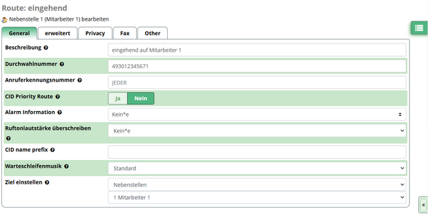 Eingehendes Wählschema festlegen Screensho: Eingehendes Wählschema