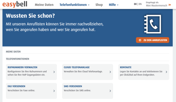 aktives Benutzerkonto mit Zugriff auf Telefonfunktionen, Rufnummern, Kontaktdaten und weiteren Einstellungen
