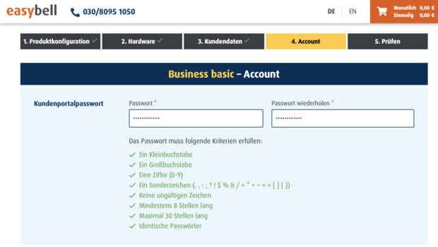 Schritt 4: Account erstellen Passwortvergabe für Account im Bestellprozess für Business basic