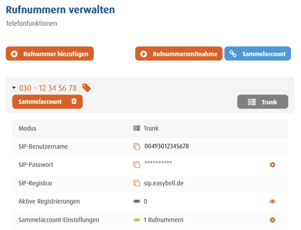 Rufnummernverwaltung mit aktivem Sammelaccount und einer zugewiesenen Rufnummer