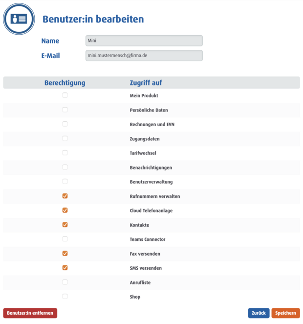 Benutzerverwaltung mit Eingabefeldern für unterschiedliche Berechtigungen zur Bereichsfreigabe