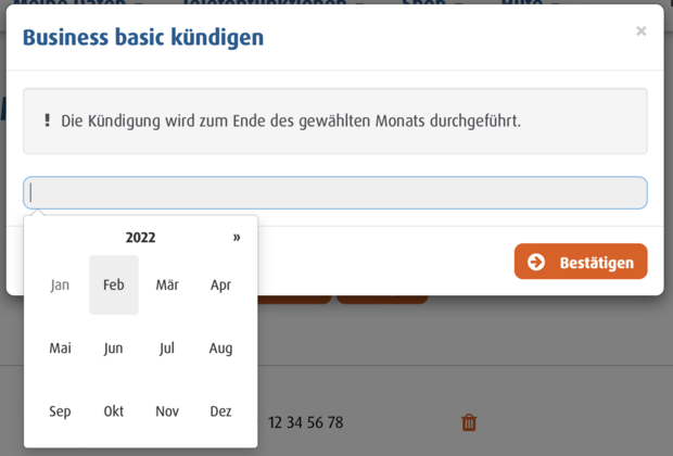 Easybell-Oberfläche zur Vertragskündigung mit Datumswahl für das Kündigungsende und Bestätigungsbutton