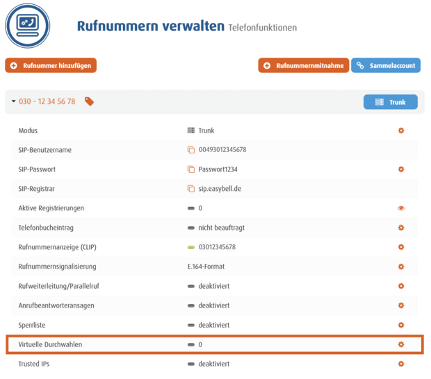 Rufnummernverwaltung im Easybell Kundenportal mit virtuellen Durchwahlen und weiteren Einstellungen