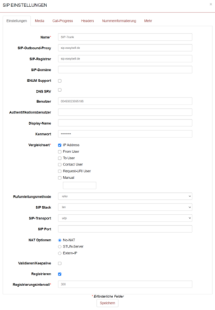 beroNet SIP Einstellungen SIP-Trunk-Einstellungen mit Easybell-Server, UDP-Transport und IP-basierter Authentifizierung