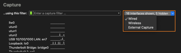 Wireshark-Ansicht zur Auswahl und Filterung aktiver Netzwerkschnittstellen mit Aktivitätsanzeige