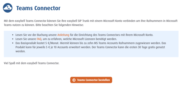 Teams Connector Informationen Bestellseite für den Easybell Teams Connector mit Produktbeschreibung und Button „Teams Connector bestellen“