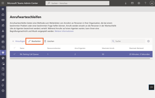 Teams Admin Center mit Anrufwarteschleife „RA Testing Call Queue“ und Einstellungen zu Agenten, Anrufen und Wartezeit