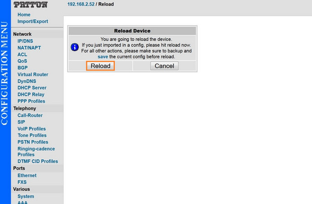 Patton Screenshot 5 Dialogfenster mit der Aufforderung, das Gerät neu zu laden, um die Konfiguration zu aktivieren