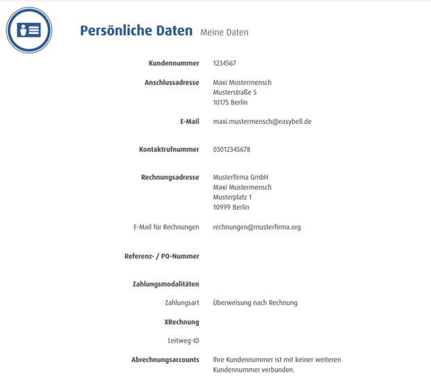 Persönliche Daten mit Rechnungsadresse, Zahlungsinformationen, Anschlussadresse, PO-Nummer und weiteren Informationen