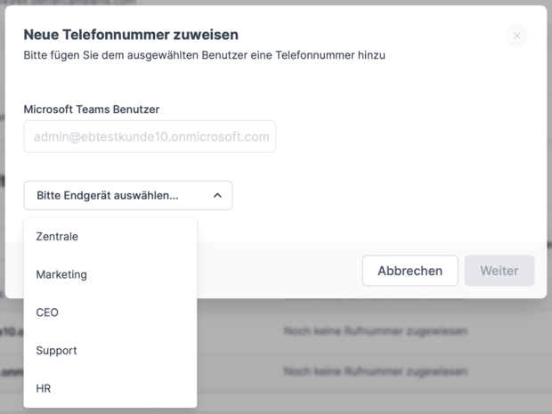 Dialog zur Zuweisung einer Telefonnummer und eines Endgeräts für Microsoft Teams Benutzer in der Cloud Telefonanlage