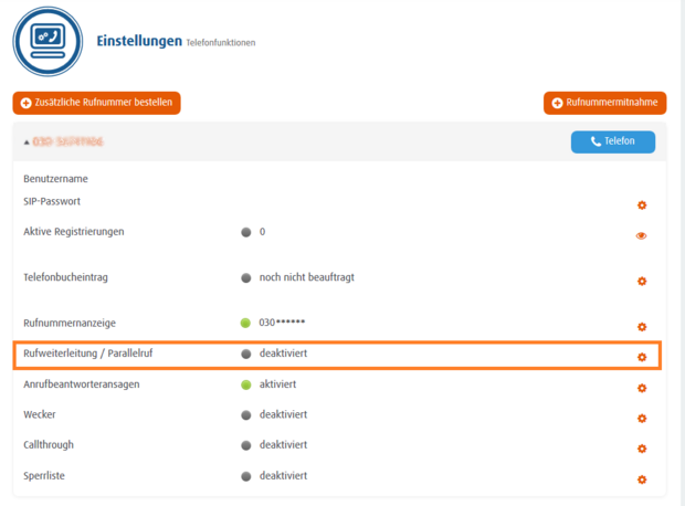 Einstellungsübersicht im Easybell Kundenportal für verwaltete Rufnummer mit aktivierter Rufweiterleitung/Parallelruf