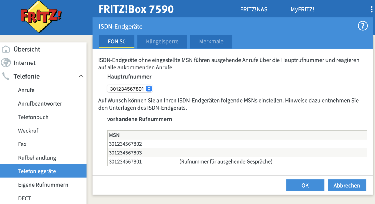 FRITZ!Box Hauptrufnummer wählen Screenshot Hauptrufnummer anpassen