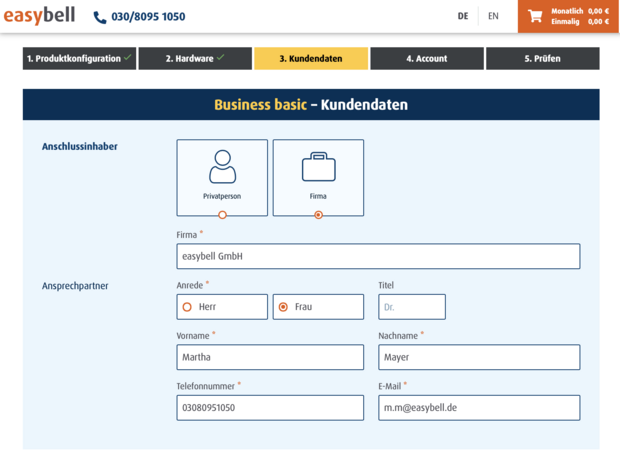 Schritt 3: Kundendaten Eingabe der Kundendaten für Easybell Business basic mit Feldern für Firma, Ansprechpartner und Kontaktdaten