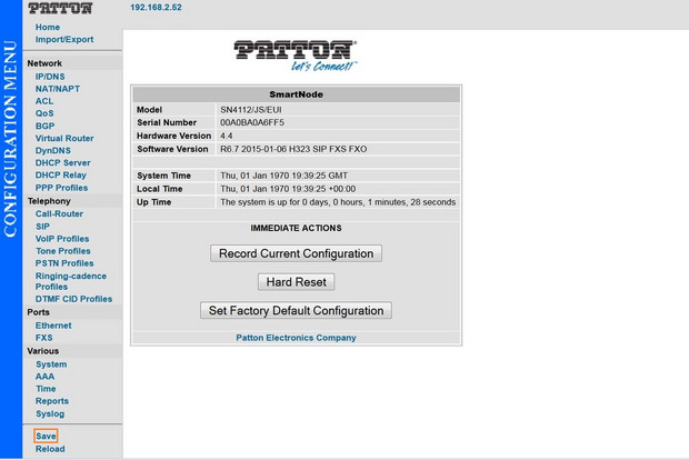 Patton Screenshot 9 Systemübersicht eines Patton-Geräts mit hervorgehobener „Save“-Schaltfläche in der linken Leiste