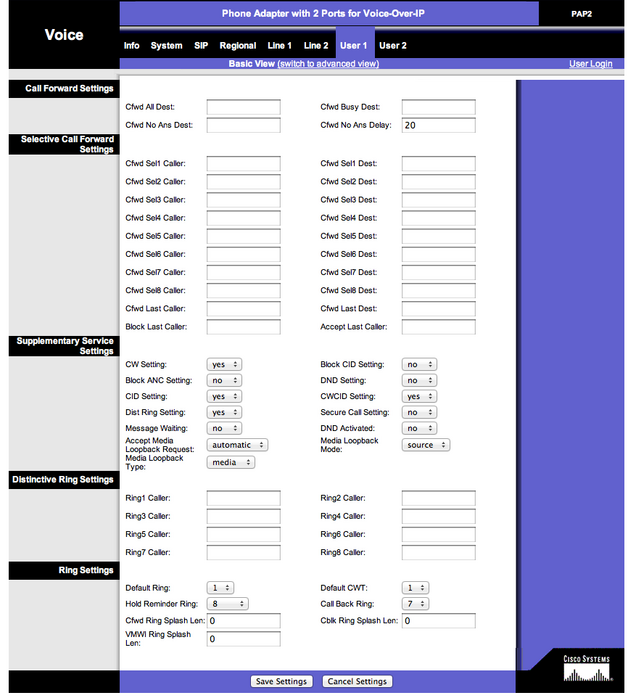 Erweiterte Anruf- und Klingeleinstellungen eines Linksys-Adapters mit Optionen für Rufumleitung, Anklopfen und Ringmuster