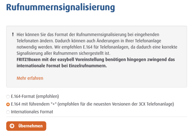 Easybell Einstellungsseite zur eingehenden Rufnummernsignalisierung mit Auswahl zwischen E.164- und internationalen Formaten