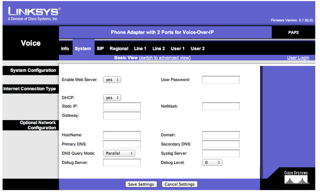 Systemeinstellungen eines Linksys-Adapters mit Feldern für IP-Konfiguration, DNS, Syslog und Debug-Level