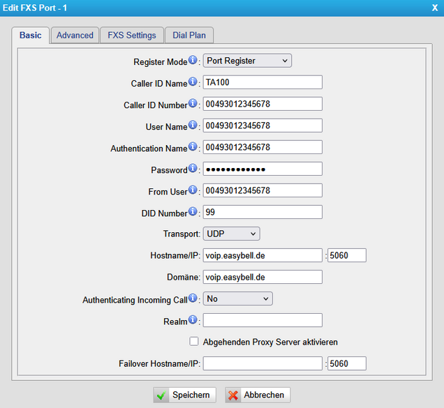 SIP-Zugangsdaten eintragen (Trunk) Screenshot der FXS-Port-Einstellungen eines Trunks