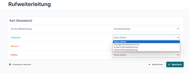 Allgemeine Einstellungen der Rufweiterleitung Um eine Rufweiterleitung für eine Nebenstelle einzurichten, muss entschieden werden, ob man den Anrufer via Ansage bzw. Anrufbeantworter oder an eine externe bzw. interne Nummer weiterleiten möchte.