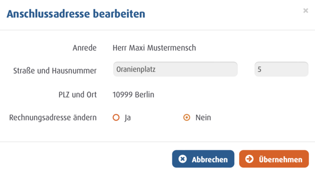 Formular zur Bearbeitung der Anschlussadresse bei Easybell mit Adressfeldern und Option zur Rechnungsadresse
