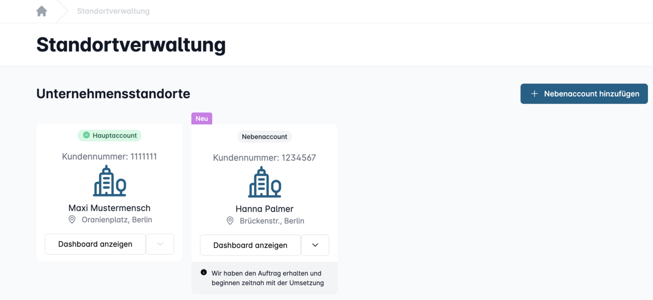 Standortverwaltung mit Haupt- und Nebenaccount, beide Unternehmensstandorte in Berlin