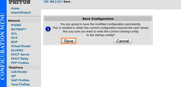 Patton Screenshot 10 Konfigurationsmenü mit Dialog zum Speichern neuer Netzwerkeinstellungen