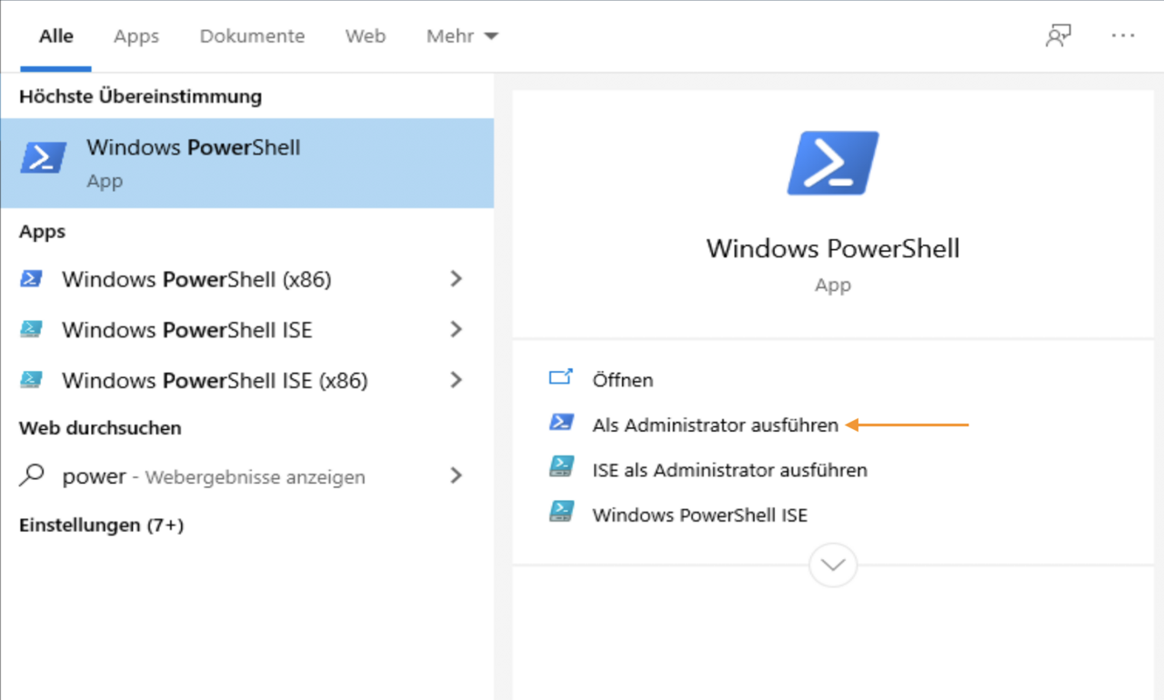 Windows-Suche mit Fokus auf PowerShell und Optionen zum Starten als Administrator