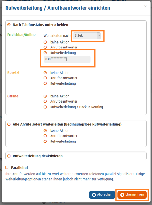 Easybell Kundenportal mit aktivierter Rufweiterleitung bei Erreichbarkeit nach 5 Sekunden