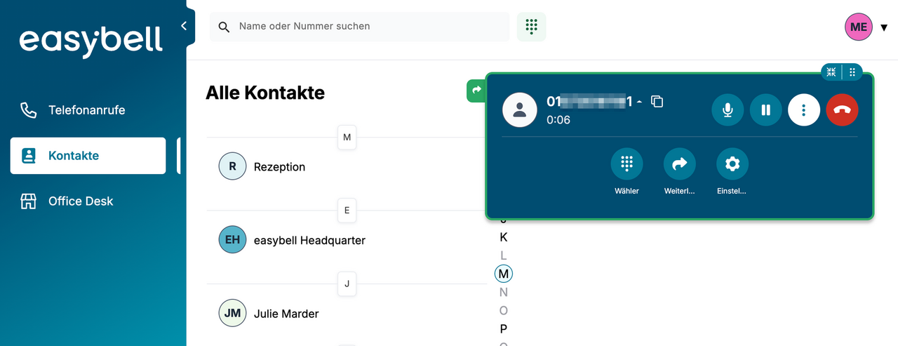 ConnectMe-Anruffenster mit aktiver Blind Transfer-Funktion zur Weiterleitung ohne Rücksprache 