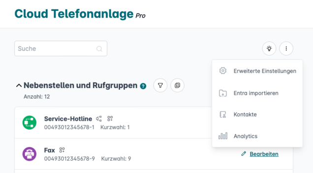 Kontextmenü für weitere Funktionen Kontextmenü in Easybell Cloud Telefonanlage Pro mit Funktionen wie Einstellungen, Entra-Import, Kontakte und Analytics