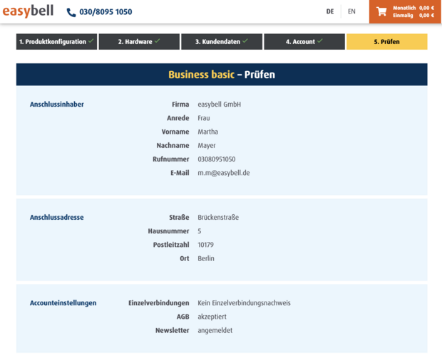 Schritt 5: Kundendaten überprüfen Prüfseite im Easybell Bestellprozess von Business basic mit Kundendaten, Anschlussadresse und Accounteinstellungen